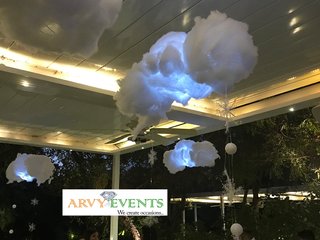 Snow theme clouds with snowballs and snowflakes